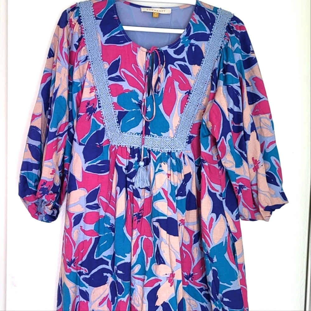 DownEast Dress Womens M Colorful Floral Lace Trim Pocket Lined Prairie Cottage